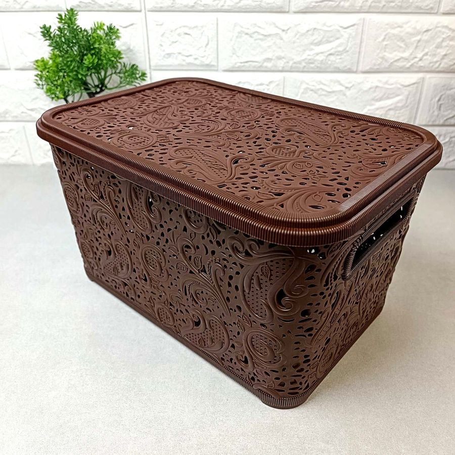 Ажурная коричневая корзинка для хранения с крышкой 7.5л Полимерагро