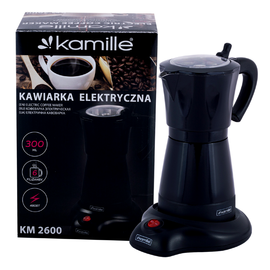 Чёрная гейзерная электрическая кофеварка 300 мл Kamille из алюминия на 6 порций Kamille