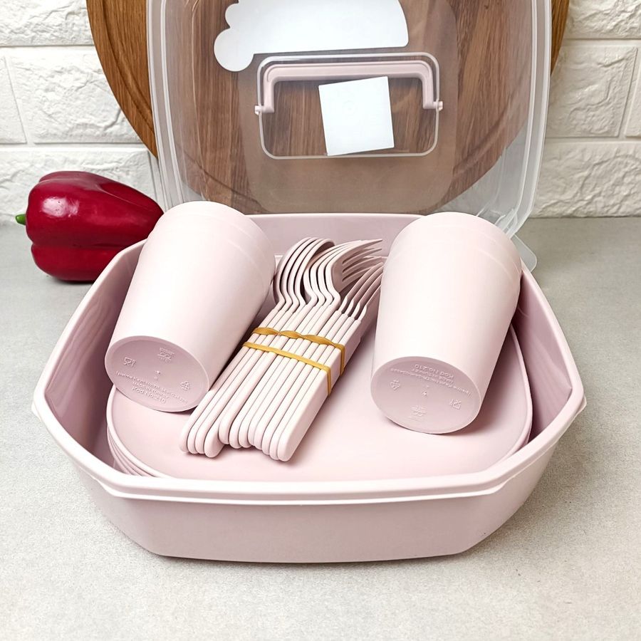 Пластиковий посуд для пікніка 22 предмети на 4 персони Рожевий Plastar Pak
