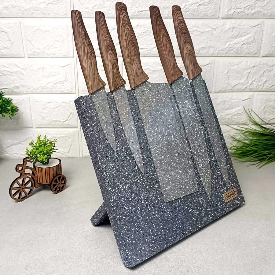 Набор мраморных ножей 6 предметов на магнитной мраморной стойке Kamille Kamille