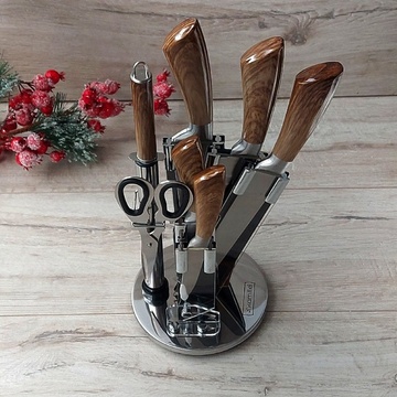 Набір кухонних ножів, ножиці і точилка Kamille 8 предметів на акриловій підставці Kamille