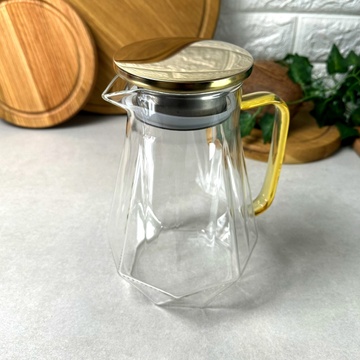 Стеклянный алмазный чайник 1,5 л для плиты с золотистой ручкой Без бренда