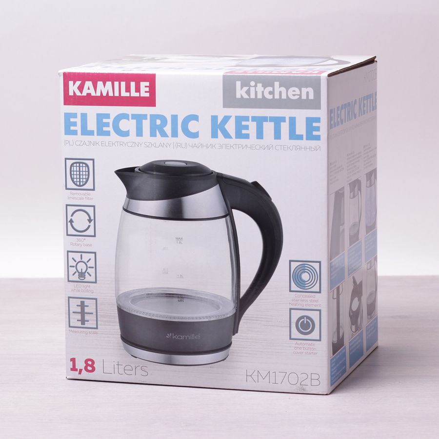 Стеклянный электро-чайник Kamille 1.8 л с синей LED подсветкой и стальными чёрными декоративными вставками Kamille