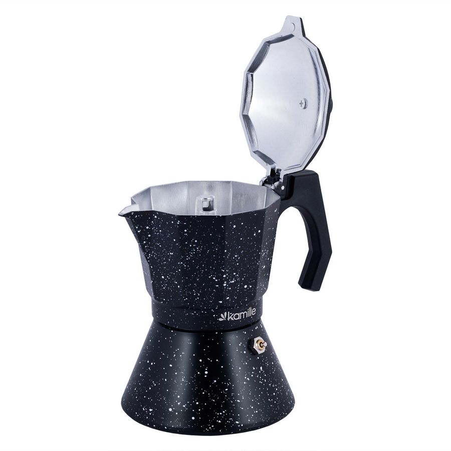 Чёрная гейзерная кофеварка 300 мл из алюминия с широким индукционным дном Kamille Kamille