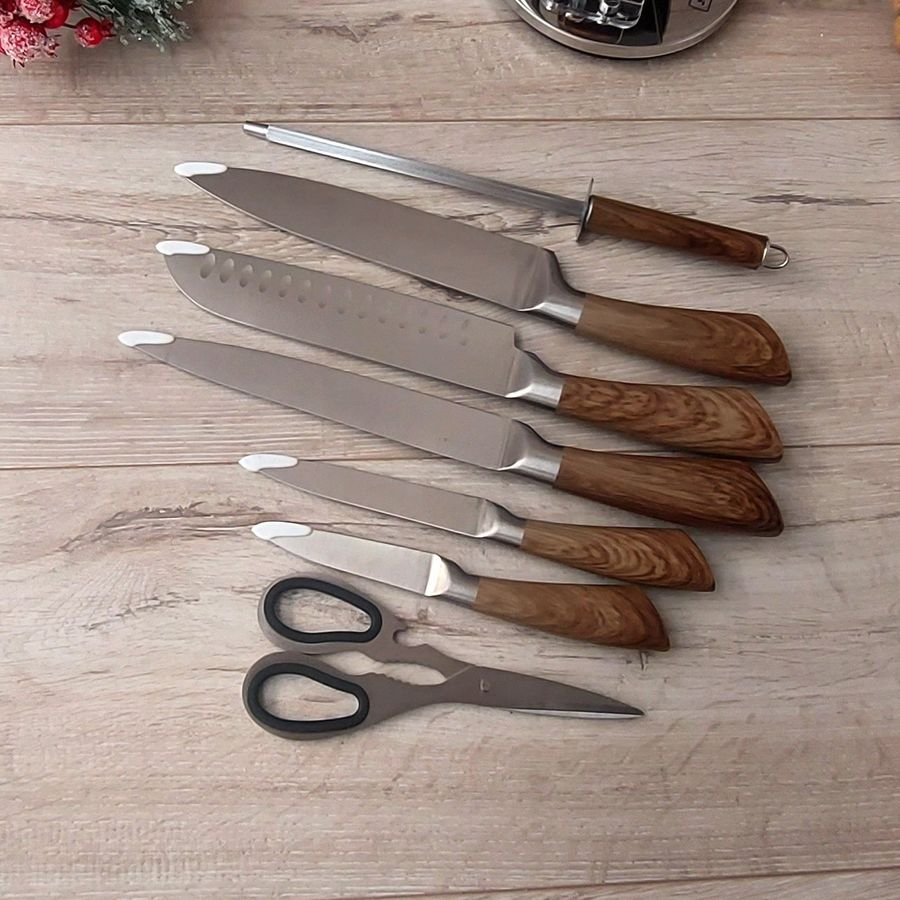 Набор кухонных ножей, ножницы и точилка Kamille 8 предметов на акриловой подставке Kamille